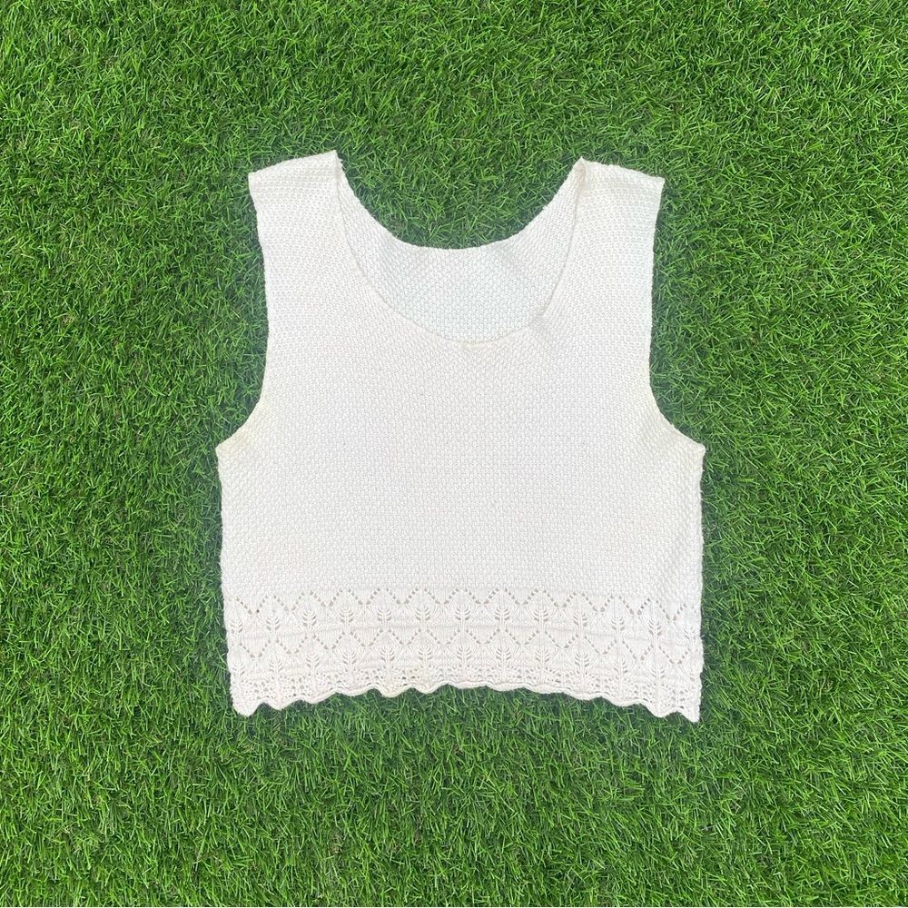 90s Vintage Cotton Pointelle Knit Crochet Crop Top Shirt XS S Small Womens